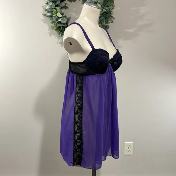 NWOT Ambrielle Lace Babydoll Negligee Nightgown Black Purple Adjustable Straps M - Picture 6 of 12